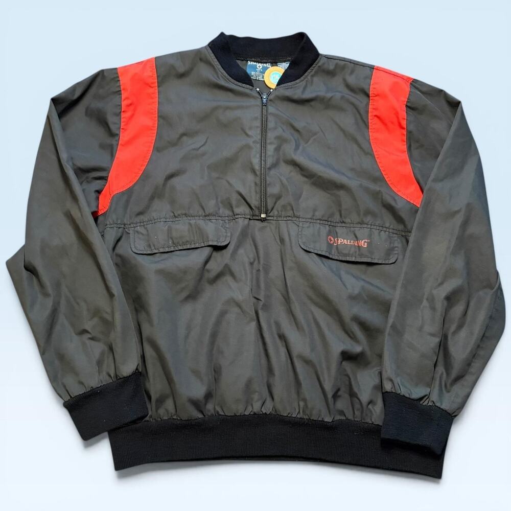 Vintage Spalding Pullover Jacket Mens Large Black 1/4 Zip Windbreaker Warmup 90s